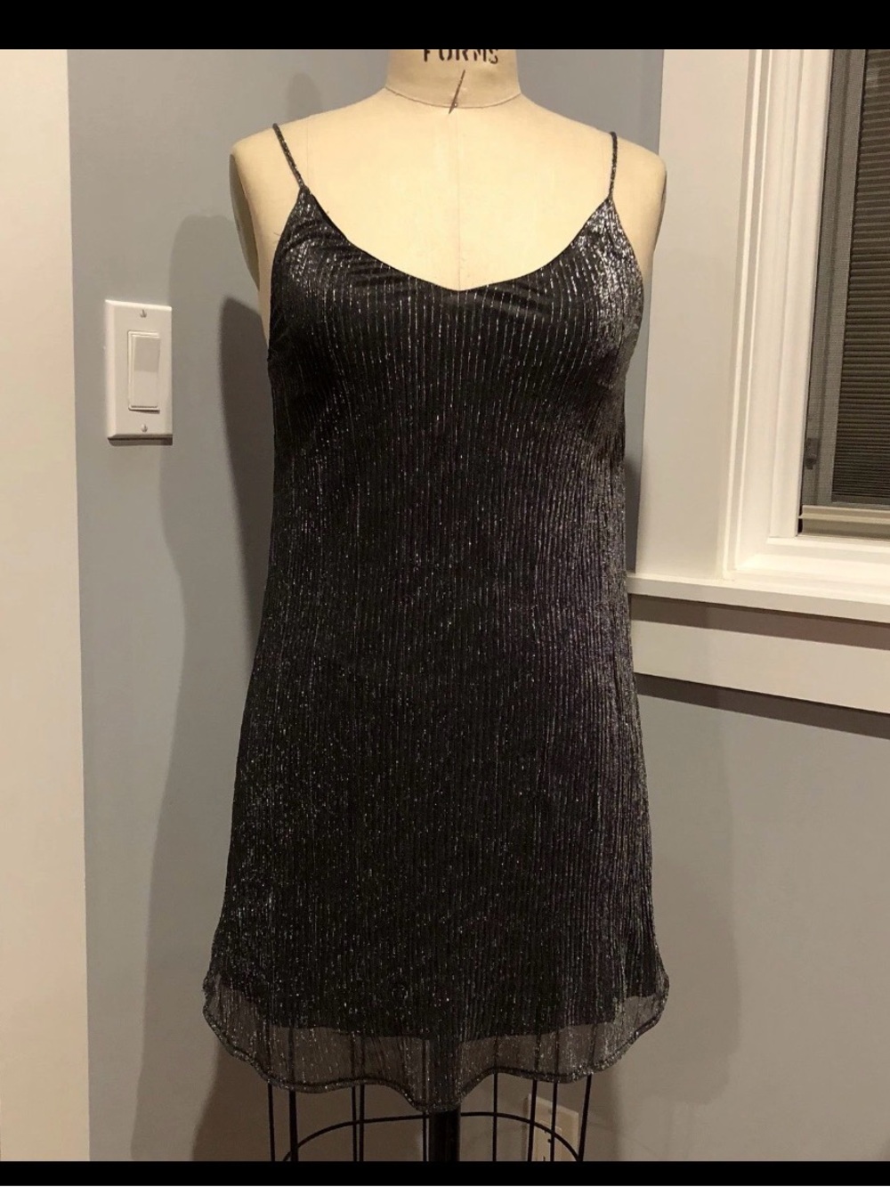 Subdued Metallic Gunmetal Black Lurex Spaghetti Strap Slip Dress - Small
